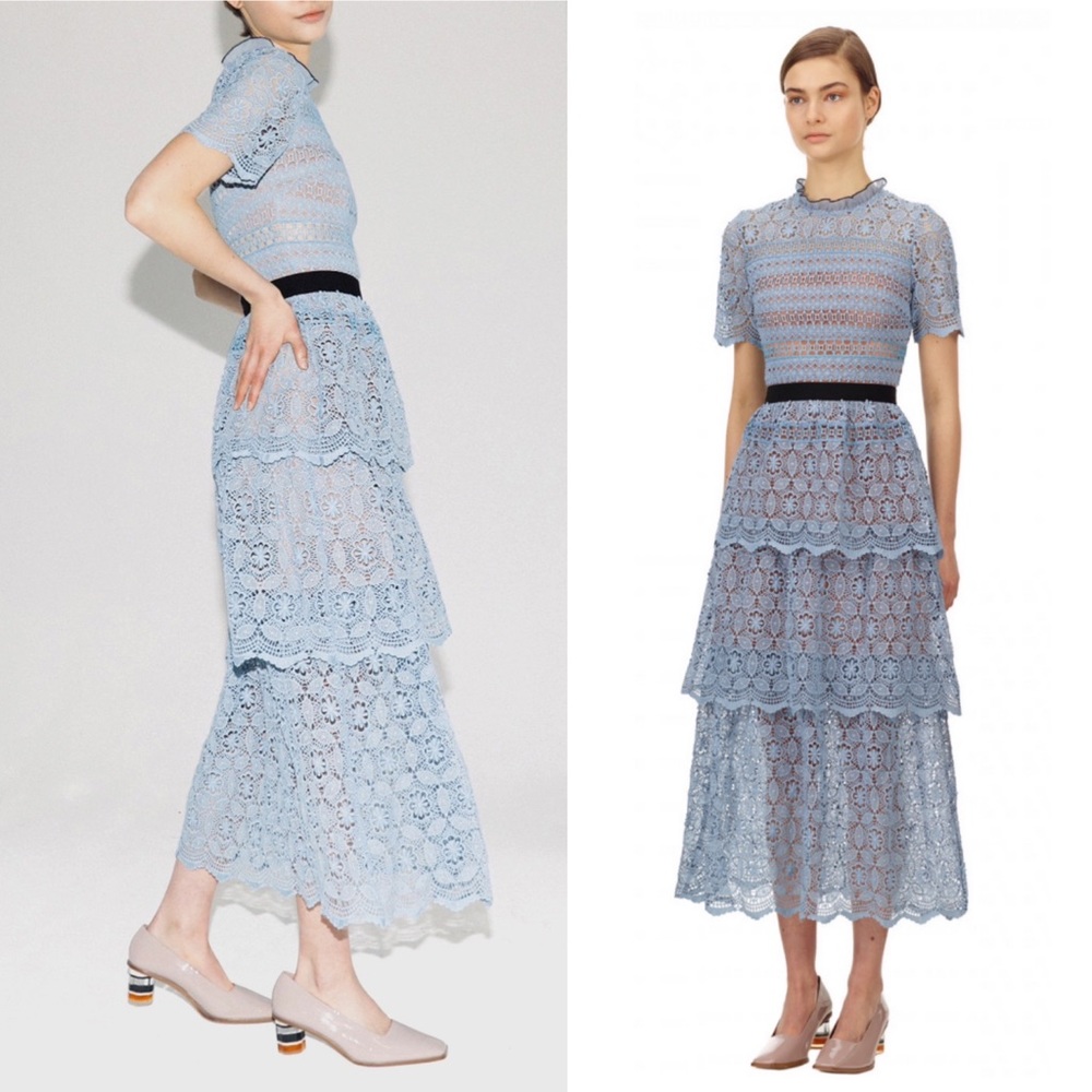 SELF-PORTRAIT Lace Guipure Tiered Midi dress in Sky Blue